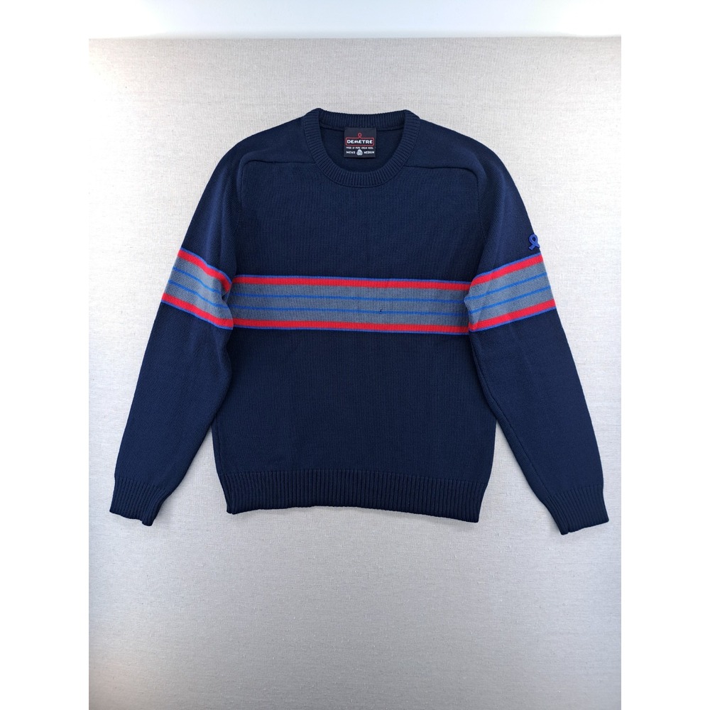 Vtg Demetre Sweater Men Medium Blue Red Pure Virgin Wool Knit Ski Striped Raglan